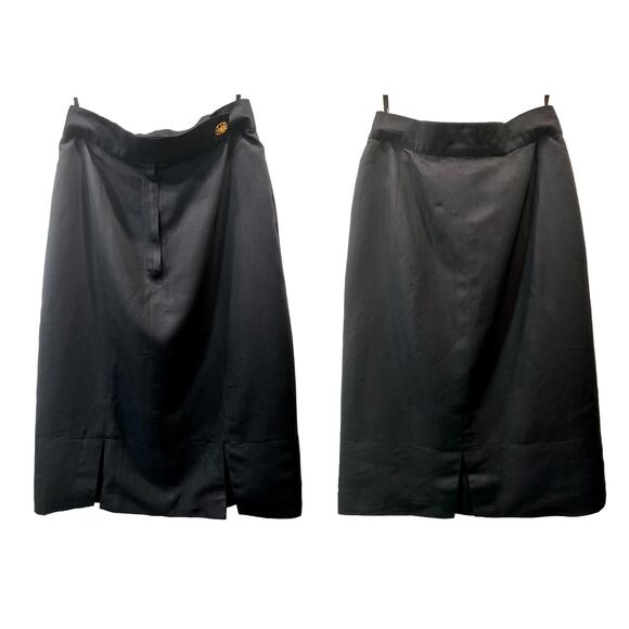 80's Louis Féraud Structured Black Pencil Skirt w Gold Sun Face Button | 28" - Picture 4 of 12